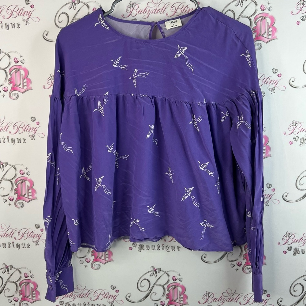 Wilfred aritzia ruffle birds Purple Women's Blouse with White Floral Design